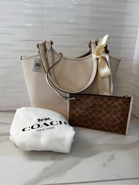 Coach Chalk Pebbled Leather Tote with Signature Brown Pouch